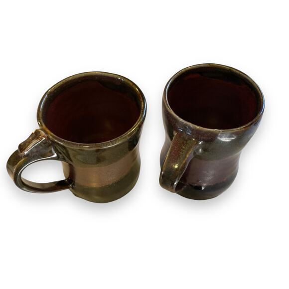 Pair of Unique Handmade Brown Maroon Iridescent Glazed Coffee Tea Mugs Crunchy - Picture 16 of 16